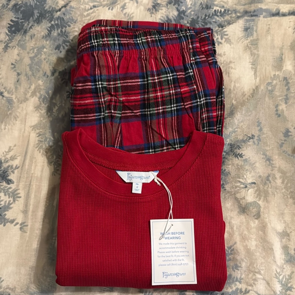 Christmas pajamas for Him. Red thermal shirt, plaid flannel pants size XL